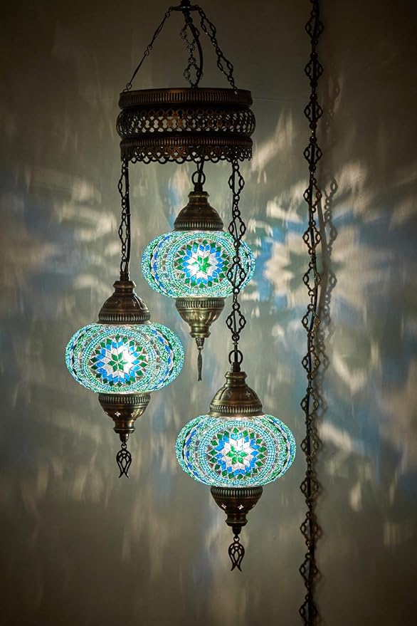 DEMMEX Plug-in Turkish Hanging Lamp, Handmade Moroccan Mosaic Chandelier Pendant Light Fixture with 15-ft Cord & Chain, Decorative Ceiling Lamp for Living Room, Bedroom, 3 Large 7'' Globes, 3.5 ft.