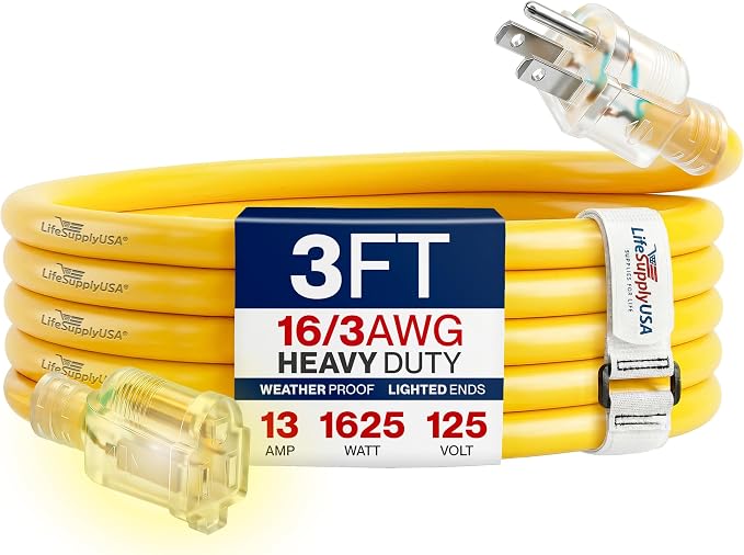 3ft Outdoor/Indoor Extension Cord 16/3 Gauge Heavy Duty 3 Prong SJTW, Waterproof, Flexible Cold-Resistant Long Power Cord,13A 125V 1625W, Yellow by LifeSupplyUSA