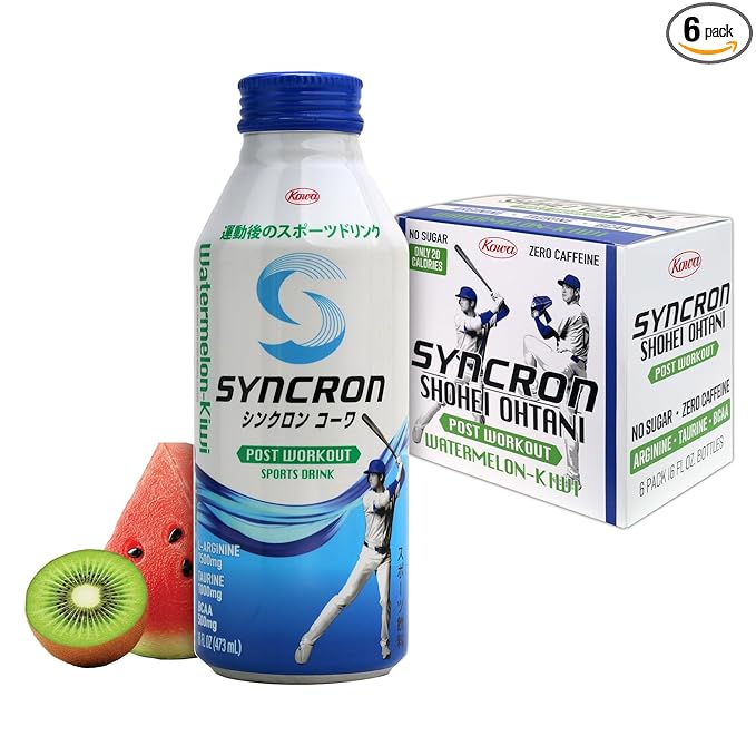 Syncron Kowa Post Workout Sports Drink Backed by Shohei Ohtani, Sugar Free Electrolyte Hydration, Aluminum Bottled Drink, Taurine, L Arginine & BCAAs for Athletes, Watermelon Kiwi, 6 Pack, 16 oz