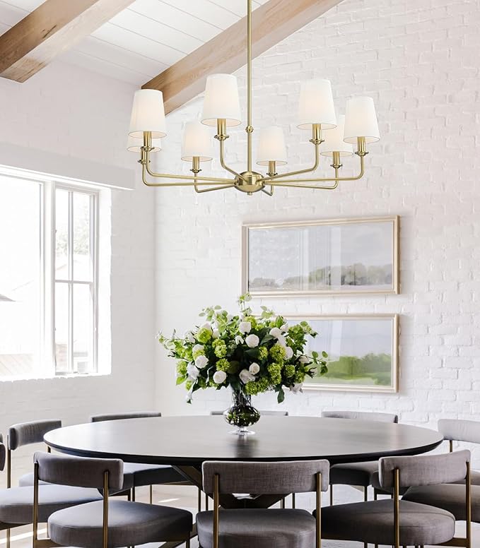 40.5'' 8-Light Brushed Gold Chandelier, E12 Base, White Fabric Shade - Farmhouse & Industrial Style Pendant Light for Dining Room Living Room Bedroom Kitchen
