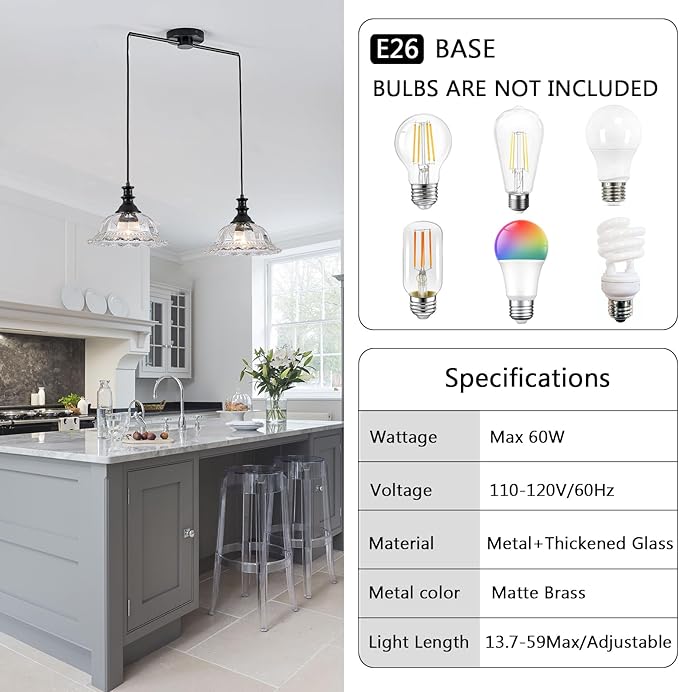 HDDFL 2 Light Pendant Light Fixtures Modern Glass Hanging Lights with Adjustable Cord for Kitchen Island Dining Room Living Room Hallway Black and Clear
