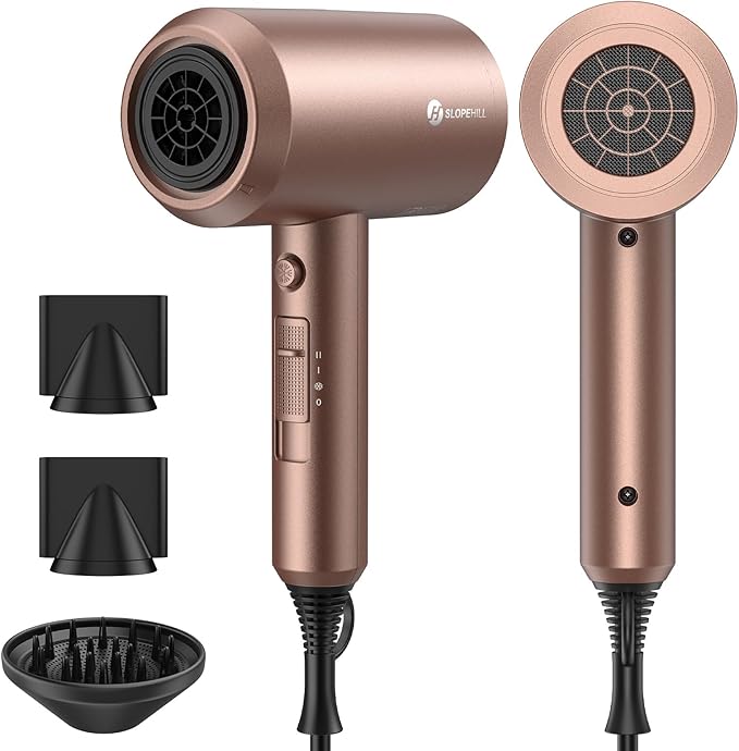 slopehill Professional Ionic Hair Dryer, Mocha Mousse | 1800W Fast Drying, Low Noise, 2 Concentrator Nozzles, 1 Diffuser Attachment, Home Salon Travel