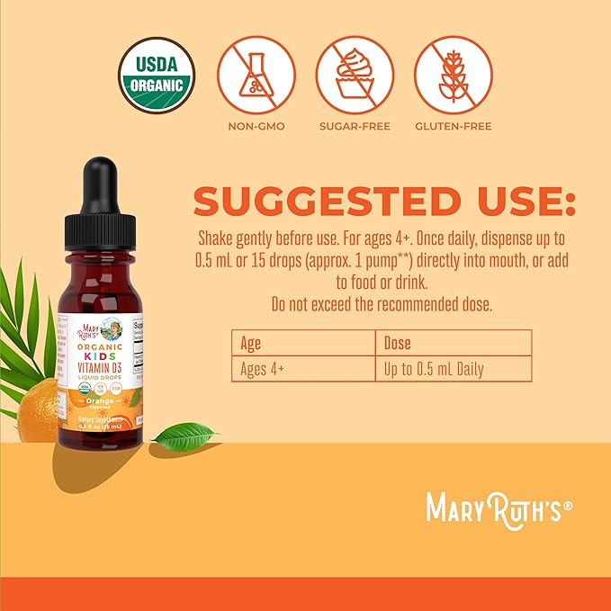 MaryRuth Organics USDAオーガニックキッズ用液体ビタミンD3 | 1回分あたりビタミンD3 640IU配合 | お子様の免疫サポート・骨の健康補助食品 | 4～13歳向け | 0.5oz | 30回分