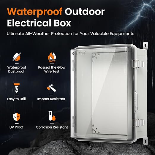 QILIPSU UL94-V0 Outdoor Electrical Box 16.4"x12.4"x7.1" Waterproof Junction Box Weatherproof PC/ABS Alloy Plastic IP66 Project Electric Enclosure Clear Hinged Door