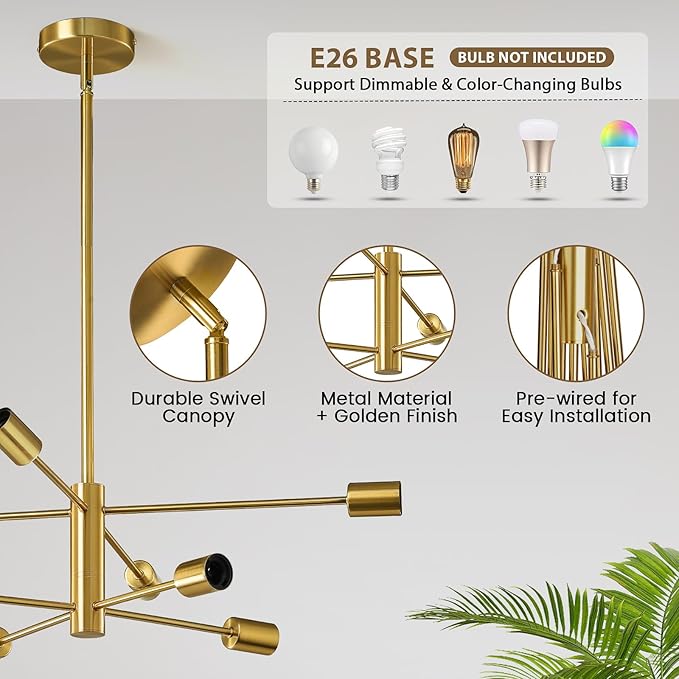 KAISITE Modern Chandelier Sputnik Ceiling Light Fixture 8-Light Gold Chandelier Dining Room Light Over Table Height Adjustable Mid Century Ceiling Hanging Chandelier for Bedroom Kitchen Foyer