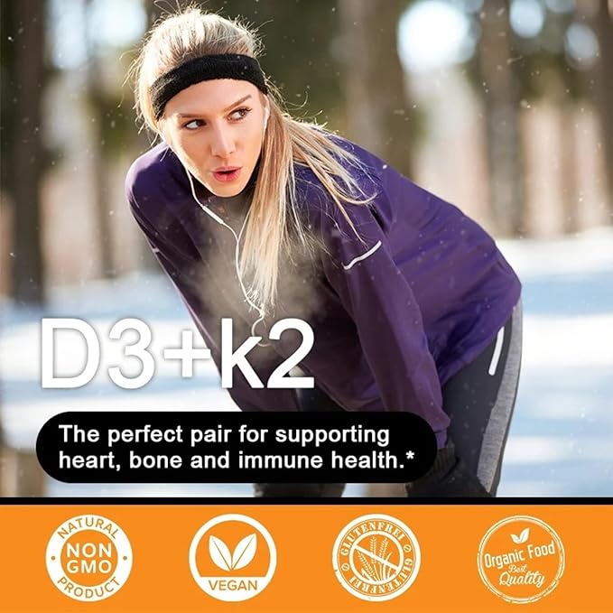 Vitamine D3 5 000 UI + K2 Haute Puissance – Végétalienne, sans OGM, avec Huile de Coco Biologique pour une Meilleure Absorption – Soutien Osseux & Cardiaque, Approvisionnement de 2 Mois, 120 Gélules Molles