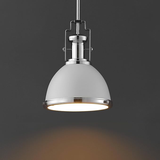 JONATHAN Y 10" Chrome/White Modern Industrial Iron LED Dome Pendant Light, Adjustable Hanging Fixture for Kitchen Island or Entryway, White Metal Shade, LED Bulb Included (JYL9535C)