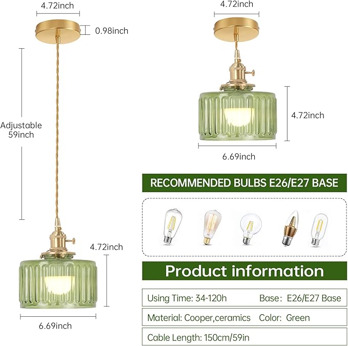 Shenmoyl Battery Operated Pendant Light 5000mAh Rechargeable Chandelier with Remote Control Wireless Adjustable Hanging Green Striped Light for Kitchen Island Dining Room Hallway, 2 Pack