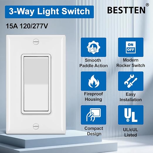 BESTTEN 20 Pack 3-Way Decorator Wall Light Switch with Wallplate, 15A 120V/277V, Single Pole or Three Way, On/Off Rocker Paddle Wall Switch, 3 Wire, Residential and Commercial Grade, UL Listed, White