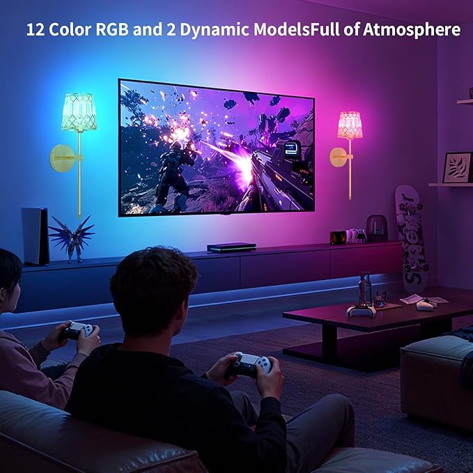 Gold Battery Operated Wall Sconces Set of 2, Crystal Rechargeable Wireless Wall Sconce Light Fixtures for Home Decor, Dimmable 12 RGB and 3CCT Wall Lamps with Remote for Living Room Bedroom Hallway