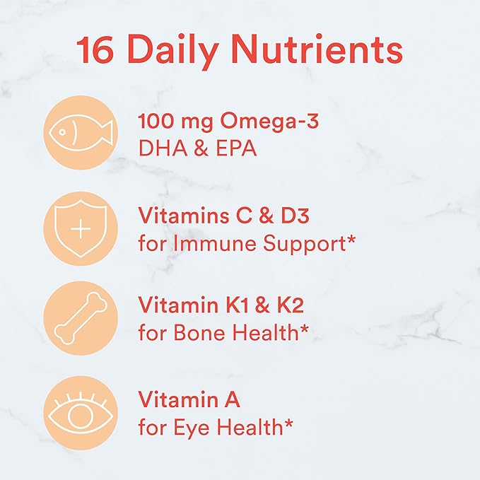 Gommes multivitaminées SmartyPants pour enfants : Huile de poisson Oméga 3 (EPA/DHA), Vitamine D3, C, Vitamine B12, B6, A, K et Zinc pour le soutien immunitaire, Biotine, Saveurs Raisin, Cerise et Baies, 120 unités (30 jours de provision)