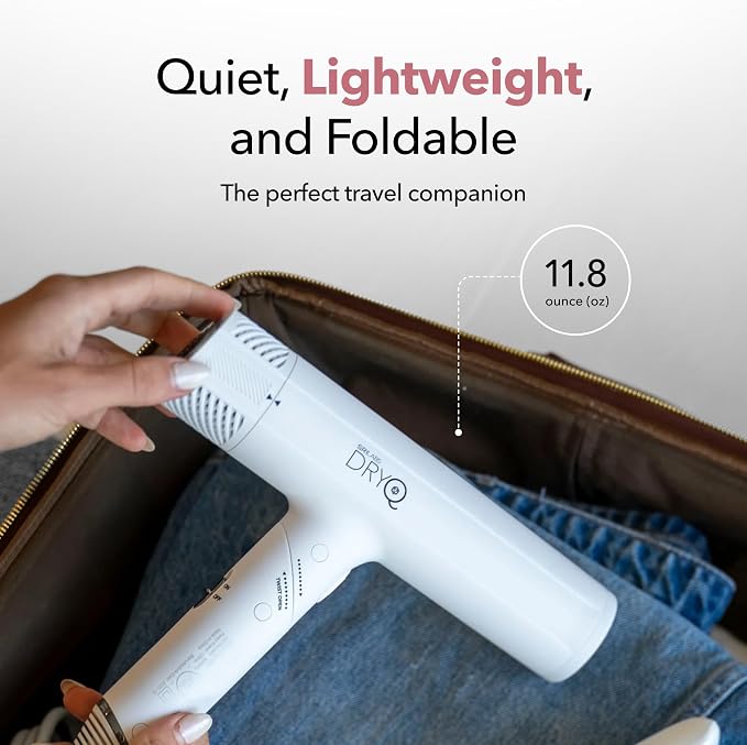 SRILabs DryQ ‘Smart’ Hair Dryer – White Edition – Super Lightweight, Foldable – Powerful, Quiet Motor – Infrared & Ionic Technology – 3 Magnetic Attachments – Heat Control with Locking Switch