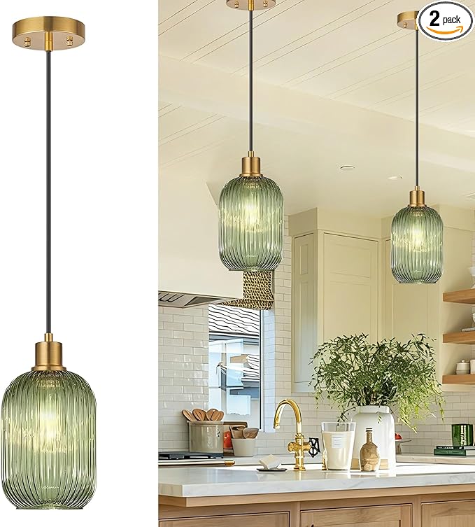 2 Pack 11"-70" Height Adjustable Pendant Lights with Vintage Green Ribbed Glass Lampshade, Brushed Gold Pendant Lights Fixtures for Kitchen Island Lighting Sink, Dining Room (Bulbs Not Included)