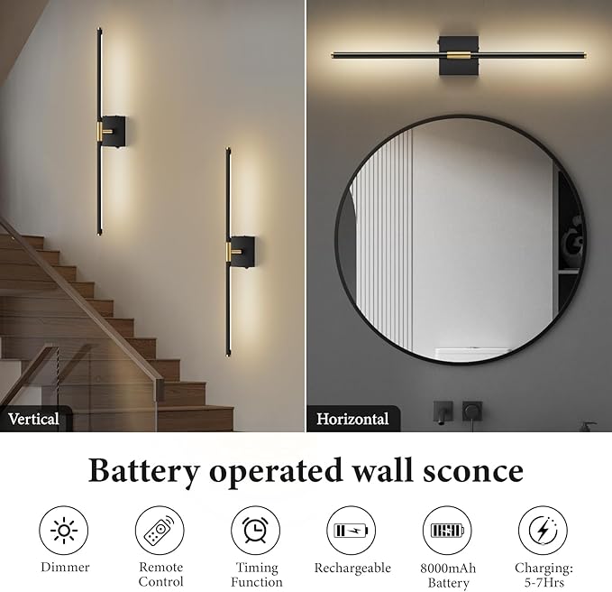 SAIMAND Wall Sconces Set of 2 Battery Operated, Wireless USB Rechargeable Wall Lights with Remote Control, 360° Rotation, 8000mAh LED Dimmable Picture Lamp for Living Room,Bedroom,Hallway (30in Black)