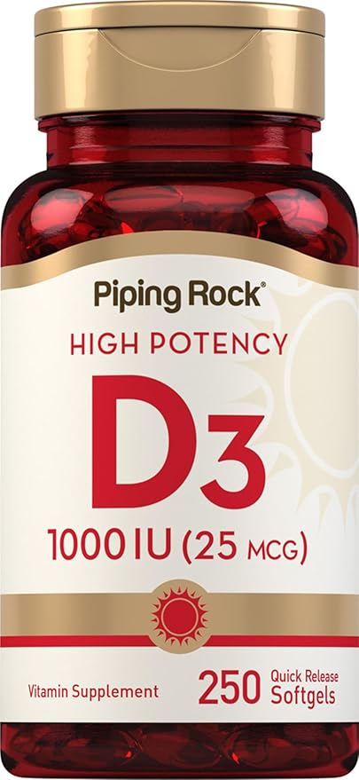 Piping Rock ビタミンD3 1000IU | 高効能 (25mcg) | 250ソフトジェル | 非遺伝子組み換え、グルテンフリー サプリメント