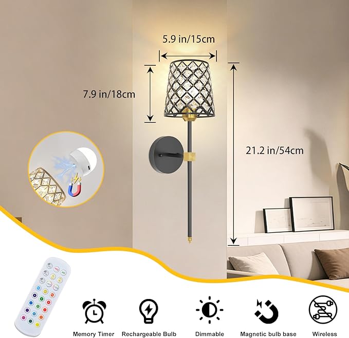 Crystal Battery Operated Wall Sconces Set of 2, Black and Gold Rechargeable Wireless Wall Sconce Lights for Home Decor, Dimmable 12 RGB and 3CCT Wall Lamps with Remote for Living Room Bedroom Hallway
