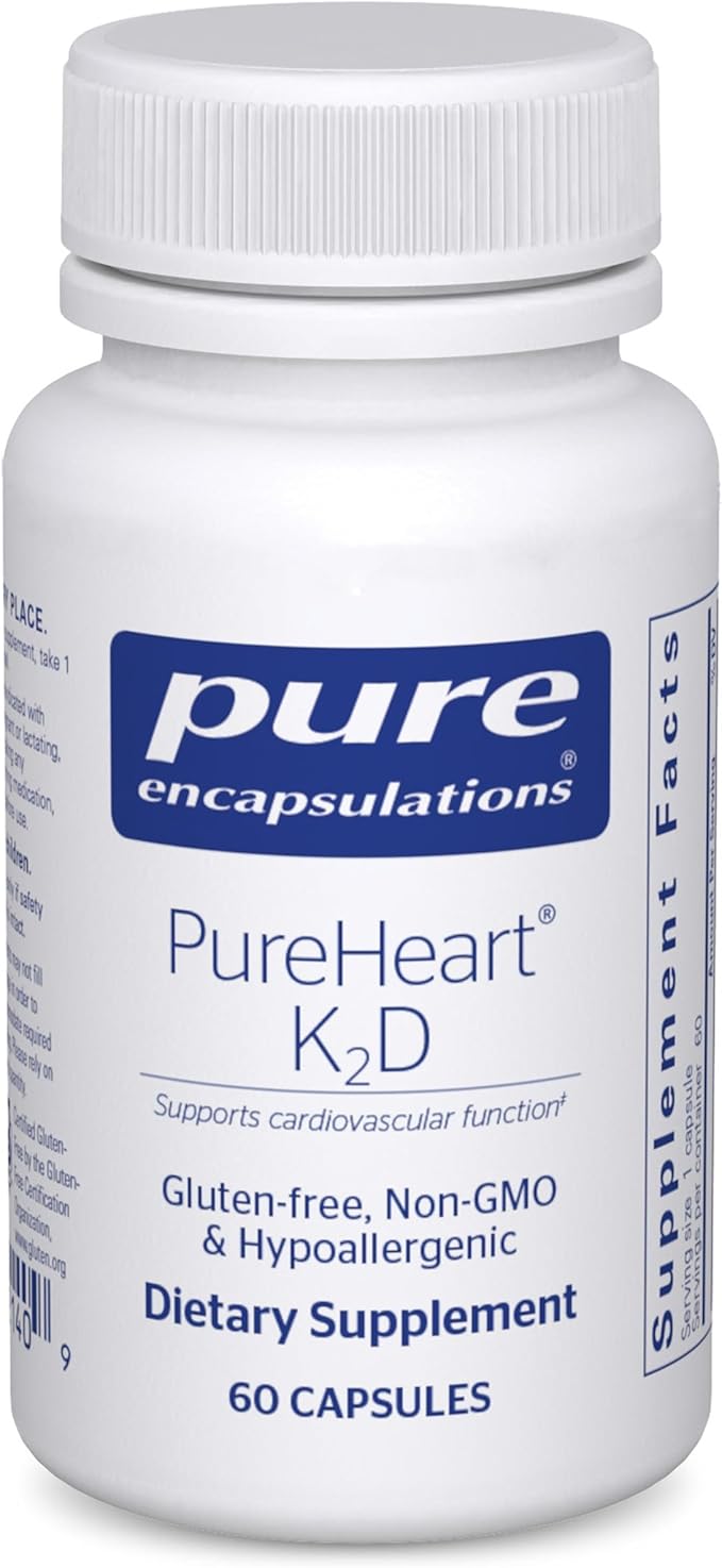 Pure Encapsulations PureHeart K2D - Complément pour la santé cardiaque* - avec Vitamine K2 & D3 - Cholécalciférol Vitamine D & MK-7 - Sans OGM & Végétarien - 60 Gélules
