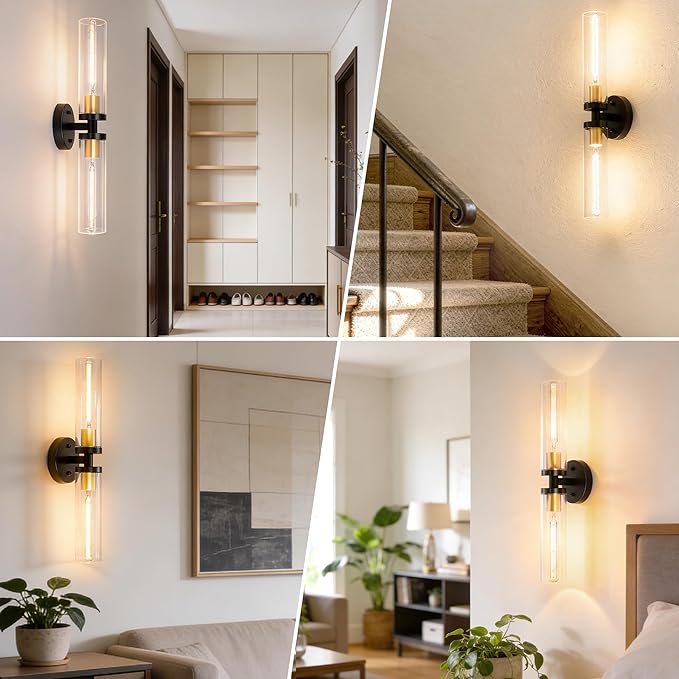 Black and Gold Wall Sconces Set of 2, Hardwired Bathroom Light Fixtures, Modern Bathroom Vanity Wall Lighting with Clear Glass Shade, Farmhouse Wall Sconce for Mirror Bedroom Hallway, E26 Base