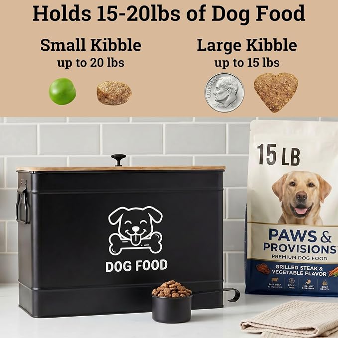 Dog Food Container Airtight 15 lb (50 Cup) Capacity with Metal Scoop - Cute Airtight Dog Food Storage Container with Bamboo Lid - Black Metal Kibble Storage Bin for Dogs up to 100 lbs - Big Pet Jar
