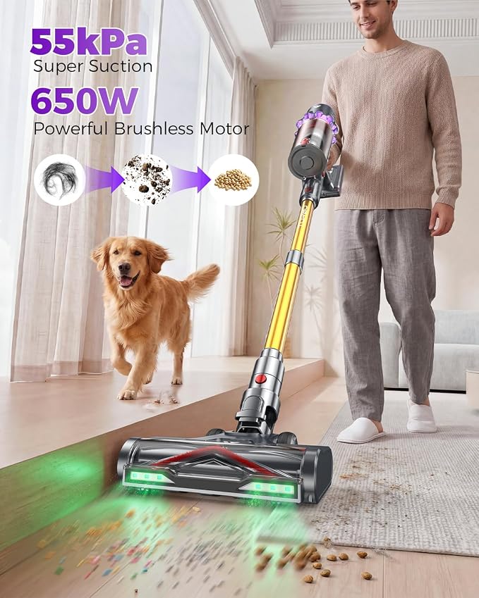 Coovy SU7 Ultra Cordless Vacuum Cleaner, 55KPa/650W 80Mins Runtime Powerful Suction Stick Vaccum for Whole-House Cleaning, Self-Standing Anti-Tangle Vac for Hard Floors Carpet Pet Hair