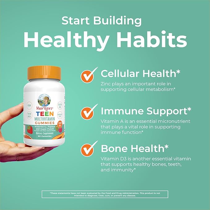 Gummies de multivitamines MaryRuth's pour adolescents | Vitamine D3, A, C, E, B6, B12, Zinc, Iode, Biotine | Immunité | Santé des tissus, de la vision et de la peau | Végétalien | Sans OGM | Sans sucre | Sans gluten | 60 unités