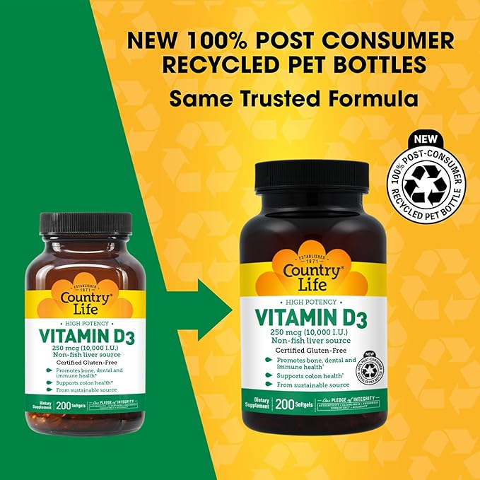 Country Life Vitamin D3 10,000 IU – High Potency Non-Fish Source – Bone & Immune Support – Certified Gluten-Free – 200 Softgels