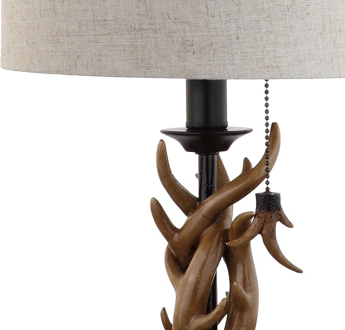 JONATHAN Y 20.5" Brown Rustic Antler Table Lamp for Bedroom Farmhouse Decor, Mini Faux Antler Desk Lamp with Gray Linen Shade, Lodge Cabin Nightstand Lamp, LED Bulb JYL1031A
