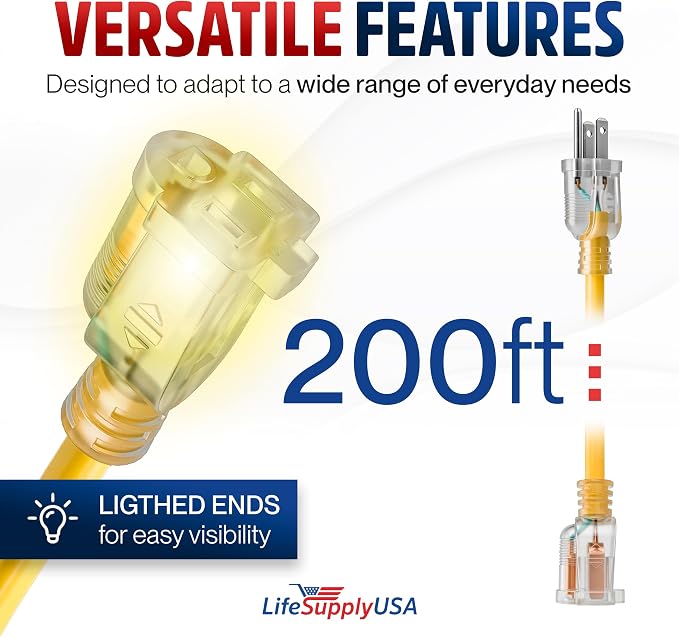 200ft Outdoor/Indoor Extension Cord 12/3 Gauge Extra Heavy Duty 3 Prong SJTW, Waterproof, Flexible Cold-Resistant Long Power Cord,8A 125V 1000W, Yellow by LifeSupplyUSA