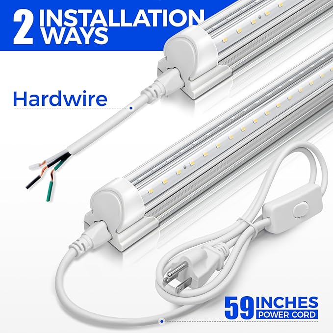 Barrina 5000K 2FT LED Shop Light, 3000LM, 20W, T8 Shop Lights for Garage, Workbench, Cabinet, Workshop, Room, LED Tube Lights, Linkable Ceiling Light Fixture with Built-in ON/Off Switch, ETL, 4 Packs