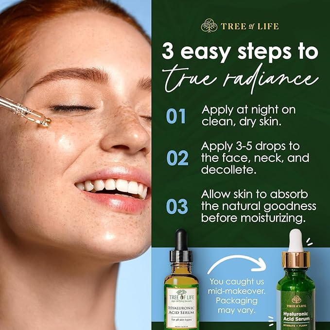 Tree of Life Beauty Sérum à l'acide hyaluronique, huile éclaircissante pour le visage contre les taches brunes et de vieillesse, sérums faciaux pour les peaux sèches et sensibles avec vitamine E pour une peau douce et lisse, 30 ml