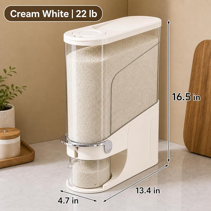 Rice Dispenser 22 Lb, Slim Rice Storage Container with Double Sealing Strip, Press to Dispense Cereal Container Airtight for Kitchen Pantry Organization, (Ivory White-22lb)