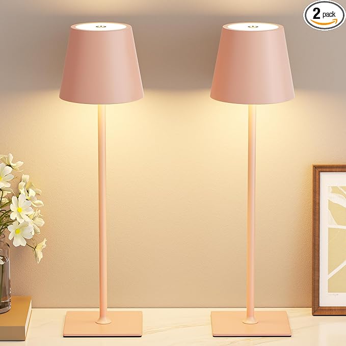 Kakanuo Pink Cordless Rechargeable Table Lamp 5000mAh Battery Operated Lamps, 3 Colors Stepless Dimming Touch Lamp for Living Room, Kitchen Counter, Dining, Outdoor Patio, 2 Pack