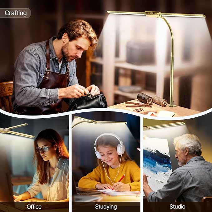 Syrinx LED Desk Lamp for Office Home, Dual Head Eye-Care Architect Table Lamp, Gesture/Wired Control, Flexible Neck, Bright Desk Light with Memory/Timer, 50 Lighting Modes for Study, Drafting, Gold