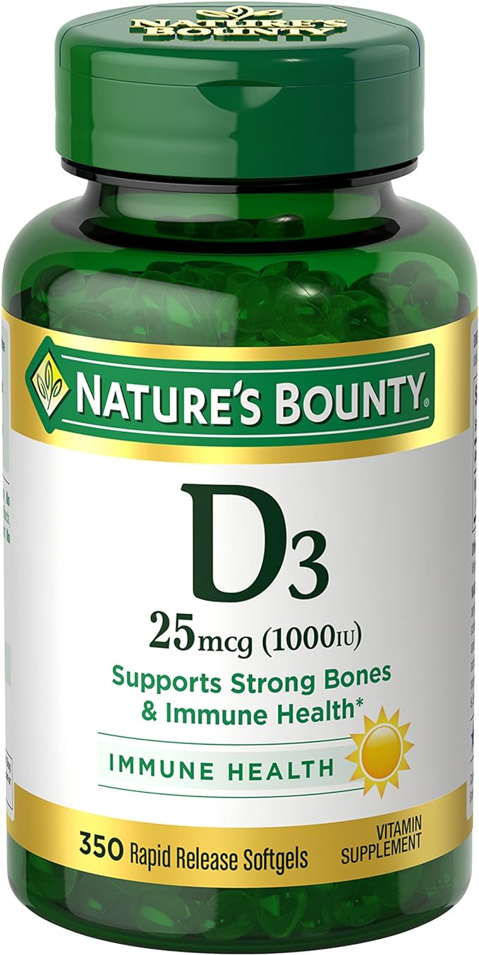 Nature's Bounty Vitamine D3 1000 UI Gélules, Soutien Immunitaire, Favorise des Os Sains, 1 Gélule par Jour, Sans Gluten, 350 Unités