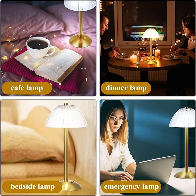 Liliful 1 Pcs Cordless Table Lamp Rechargeable Touch LED Small Gold Portable Battery Operated USB-c Desk Lamp 3 Color Dimmable for Bedroom Living Room Dining (Gold,Mushroom Style)