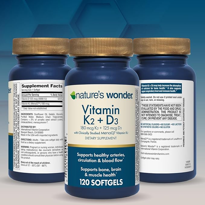 Nature's Wonder Vitamine K2 + D3 avec MenaQ7 pour la santé cardiovasculaire, cérébrale, osseuse et musculaire, 120 gélules, 120 jours d'approvisionnement
