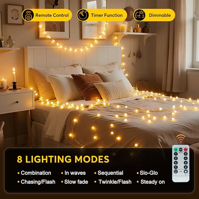 RaThun 65.6ft Warm White Globe String Lights, 150 LED with 16ft Extended Lead Wire & Remote, 8 Modes, IP44 Waterproof Plug in Linkable Lights for Outdoor Indoor Party Wedding