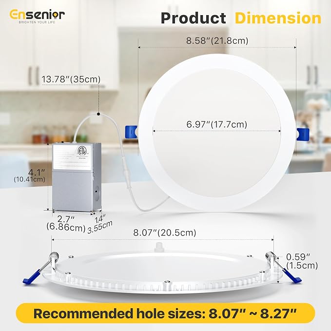 Ensenior 12 Pack 8 Inch LED Recessed Ceiling Light, Dimmable, 2700K-5000K 5CCT, 1600LM 18W 120V, High Brightness Canless Wafer Downlight - ETL&FCC&IC