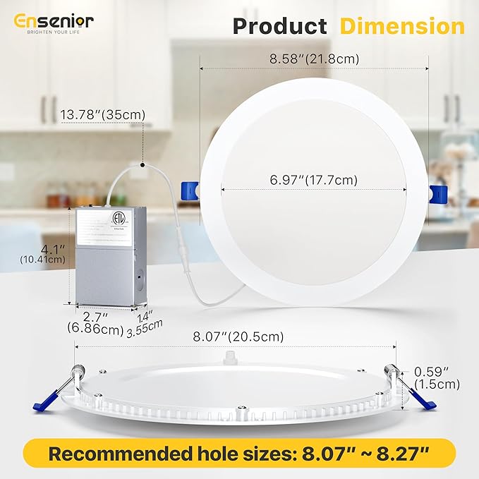 Ensenior 6 Pack 8 Inch LED Recessed Light, Dimmable, 2700K-5000K 5CCT, 1600LM High Brightness, 18W 120V, Damp Rated, Ultra-Thin Canless Wafer Light - ETL & FCC & IC