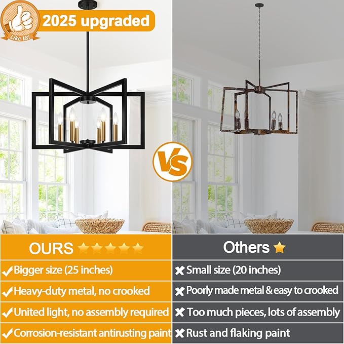 25"-61" Height Adjustable Modern Black and Gold Chandelier for Dining Room, No Assembly Required Dining Room Light Fixture Over Table, Industrial Metal Pendant Lights Fixture for Kitchen Island