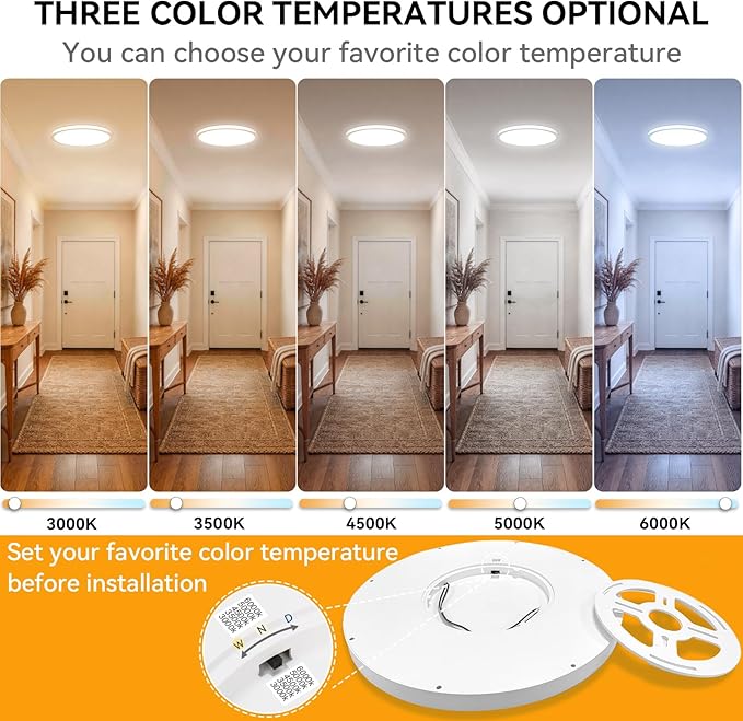 WKONCLDY 5CCT 3000k/3500K/4000K/5000k/6000k Selectable, Led Flush Mount Ceiling Light, 15.8 Inch 4800LM Round Modern Flat Panel,Super Slim for Living Dining Kitchen Bedroom Room