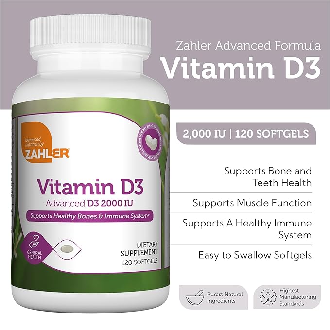 Zahler - Vitamine D3 Avancée 2000 UI Gélules (120 unités) Vitamine D Casher Végétarienne pour le Soutien Immunitaire, la Santé des Os, des Dents et des Muscles - Supplément Quotidien de Vitamine D3 pour Adultes - Facile à Avaler V