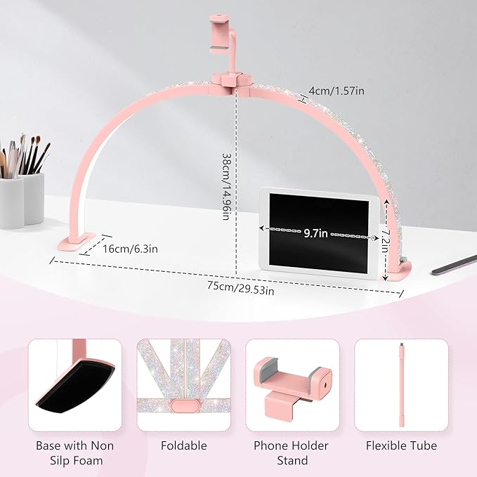 Yokilly Half Moon Light for Nail Desk: 29" Foldable Half Moon Nail Desk Lamp with Phone Holder for Beginner - Arch Tech Light with 3 Color Modes & 10 Brightness for Manicure Salon (Pink Diamond)