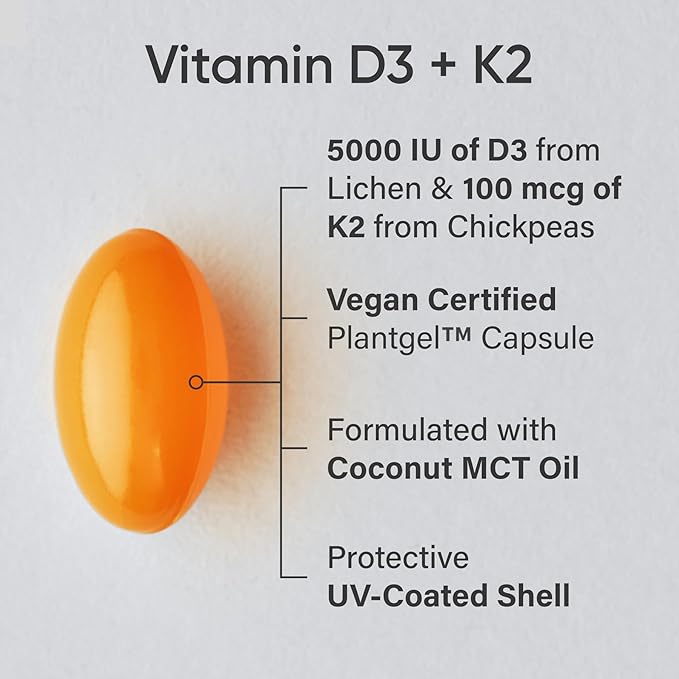 Sports Research® Vitamine D3 + K2 avec huile de noix de coco - Vitamine D végétalienne 5000 UI (125 mcg) et vitamine K MK7 100 mcg pour le soutien osseux et immunitaire - Certifié végétalien · Sans OGM · Sans soja - 30 gélules molles