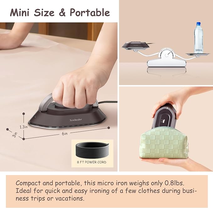 Newbealer Travel Iron Set, 100-240V Mini Dry Iron for Clothes (No Steam) | Max 300W, Heats in 60s, 302℉ Ceramic Soleplate, Handy Heat Press, 0.8lbs Lightweight for Quick Touch-ups Worldwide (Brown)