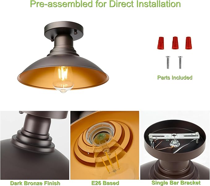 GOLDHILL 10.5" Outdoor Semi Flush Mount Light 2 Pack, Bronze & Gold Metal Ceiling Fixture Set, Rust-Proof Powder Coated Exterior Lighting for Porch, Garage & Hallway