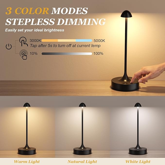 Kakanuo Rechargeable Cordless Table Lamp, Battery Operated Lamps, 3-Color Stepless Dimming, Portable Wireless Desk Lamp, LED Lighting for Dining Room, Restaurant, Office, Bar, Home(Black 2 Pack)