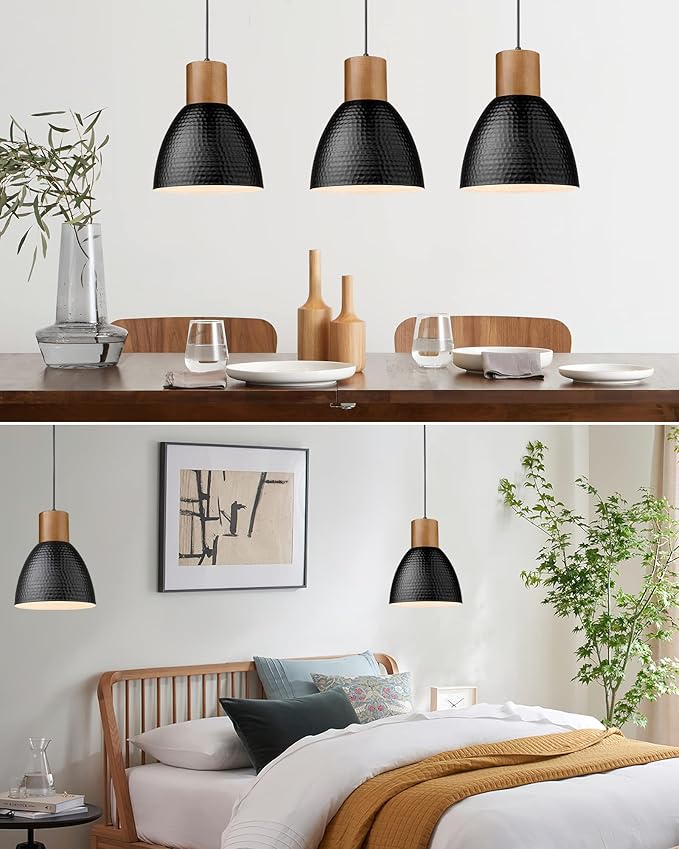 ELYONA 3 Pack Hammered Pendant Lights for Kitchen Island 7” Small Metal Solid Wood Hanging Light Fixtures Adjustable Height Farmhouse Pendant Lighting for Dining Room Bedroom Bar Office, Modern Black
