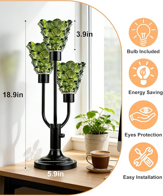Glass Vintage Table Lamp Dimmable Nightstand Lamp Mid Century Modern Black Desk Lamp with Green Glass 3 Bulbs Included Warmwhite Ambient Bedside Lamps for Bedroom Living Room Office Home Decor