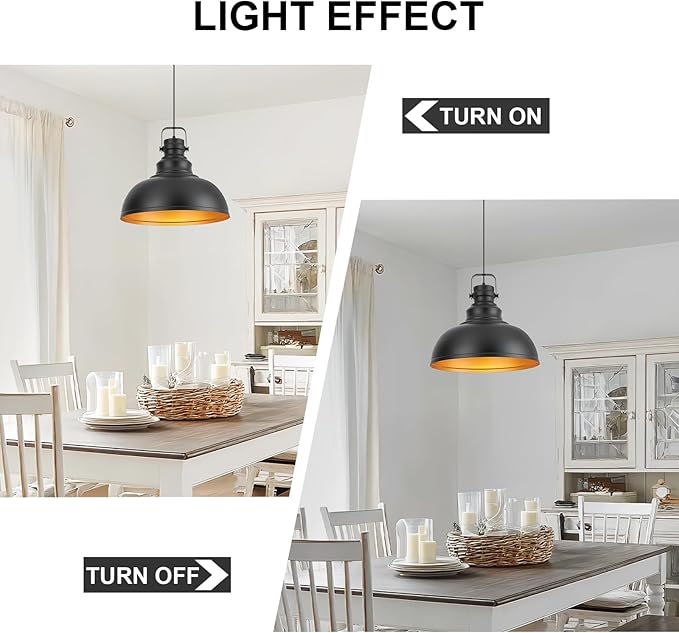Refice 16 Inch Farmhouse Pendant Lights Kitchen Island Black Pendant Lighting Industrial Dome Island Pendant Lights, Adjustable Height, Hanging Lights, Dining Room, Barn